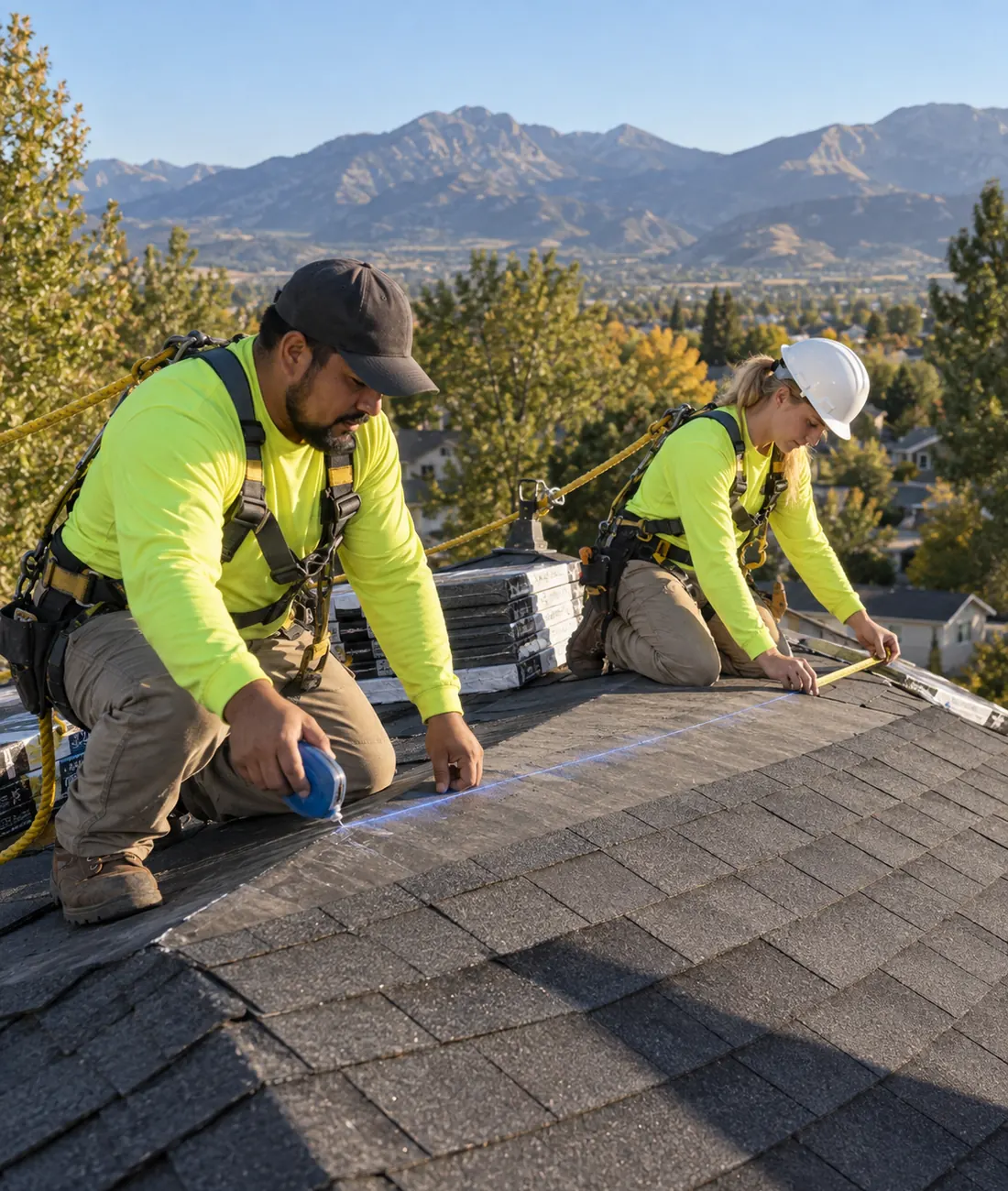 Two Halden roofers in harnesses measuring and marking a shingle course on a ridge