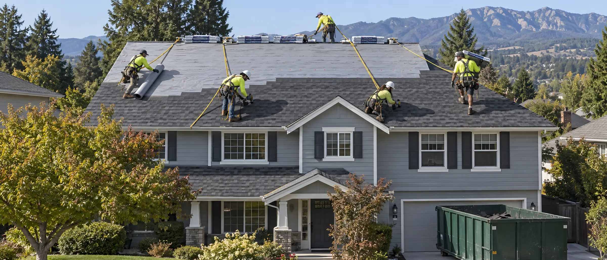 A Halden crew of six re-roofing a large two-story house, bundles on the roof and a dumpster in the drive