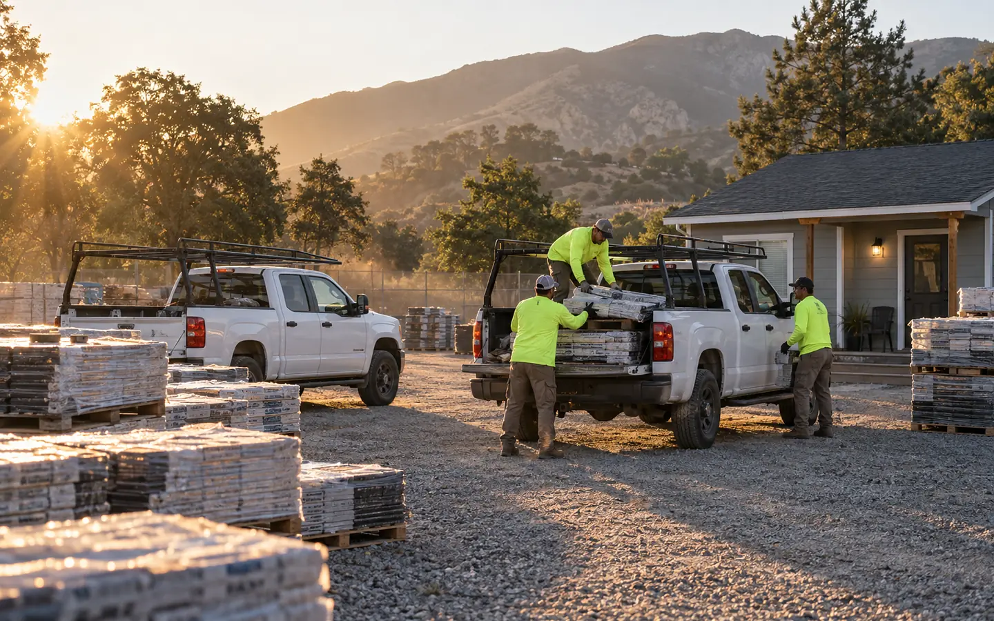 The Halden yard on Tanner Road at sunrise: work trucks, pallets of shingle bundles and the crew loading up