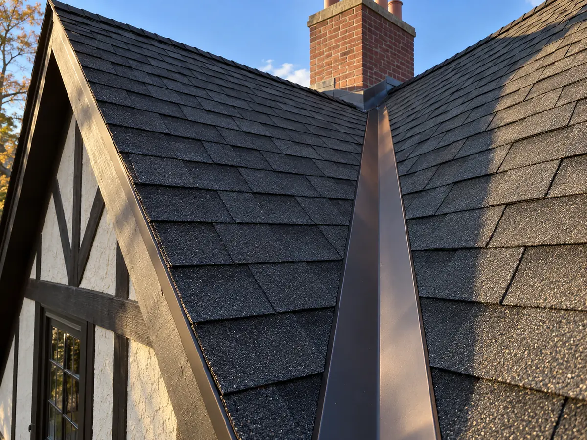 New charcoal architectural shingles meeting a metal W-valley below the timbered Tudor gable