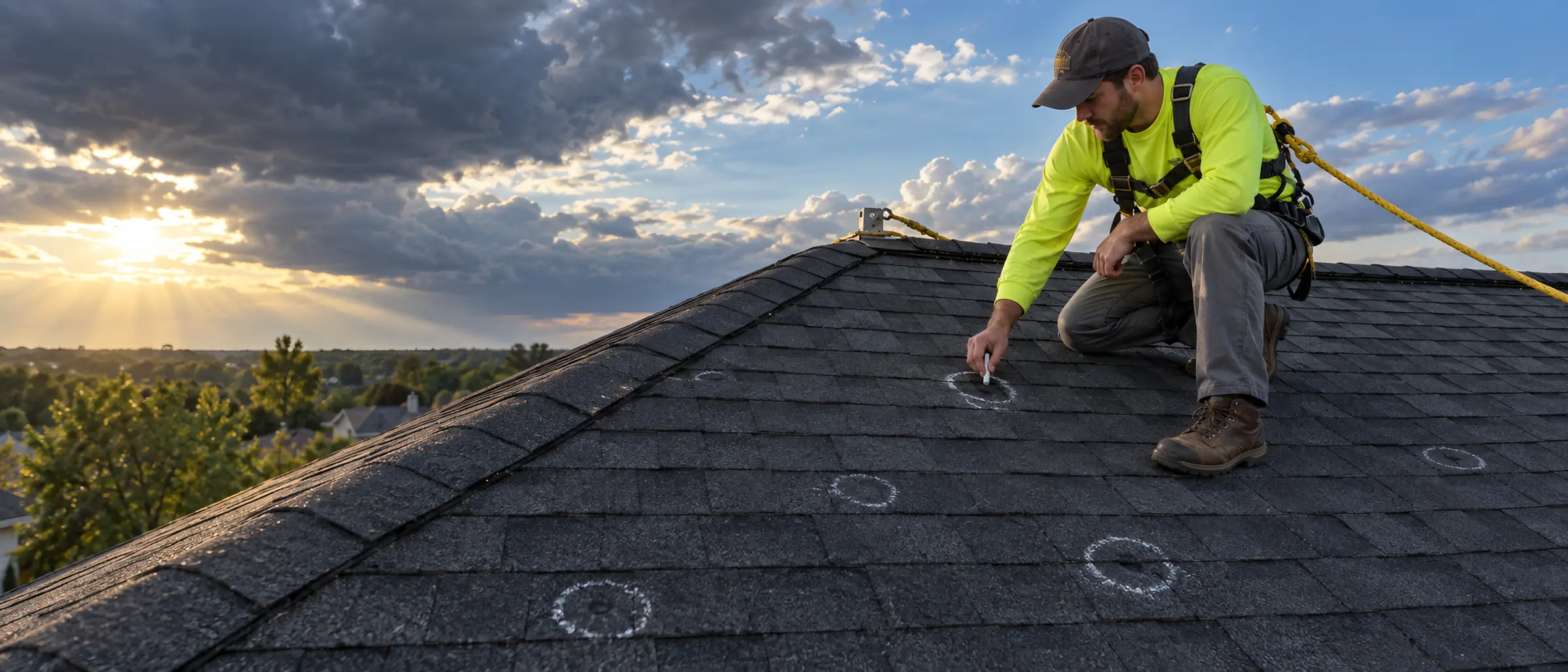 Roofer crouched near the ridge checking chalk-circled hail hits as the storm clears