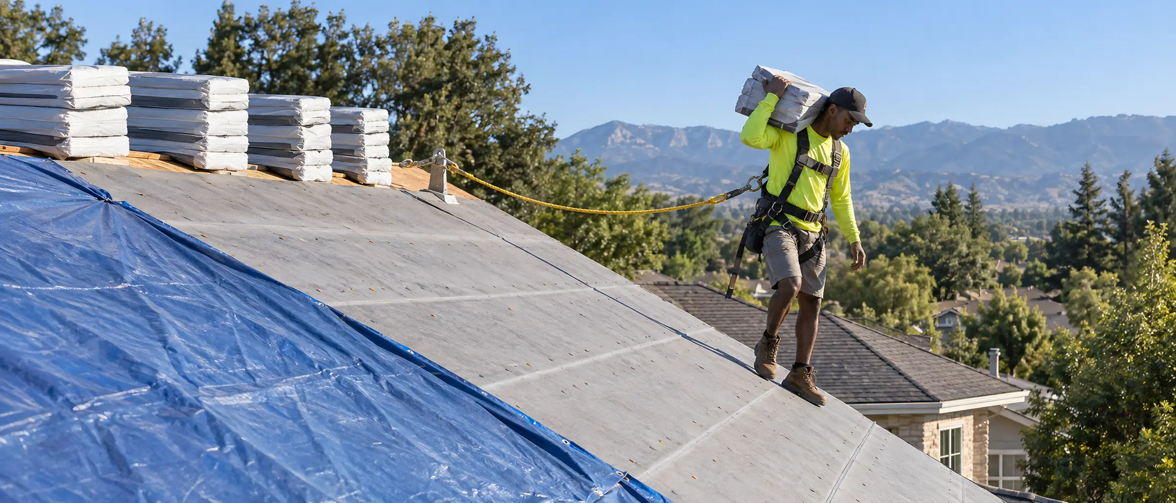 Halden roofer carrying a bundle of shingles across a tarped roof past stacked bundles