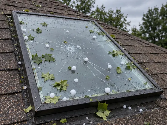 Skylight glass cracked by hail, with hailstones and torn leaves on it