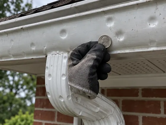 Hail dents along a white gutter and downspout, a coin held against one for scale
