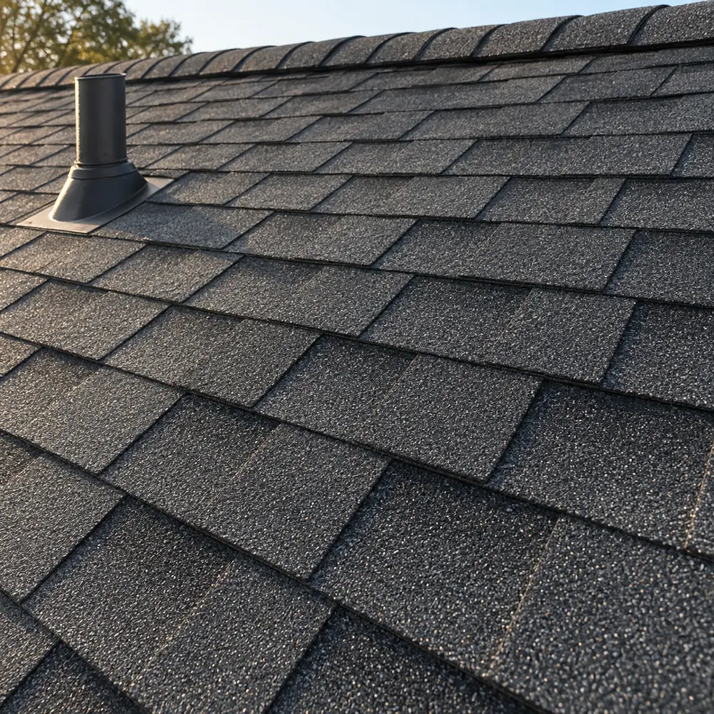 Close-up of charcoal architectural shingles around a black roof vent