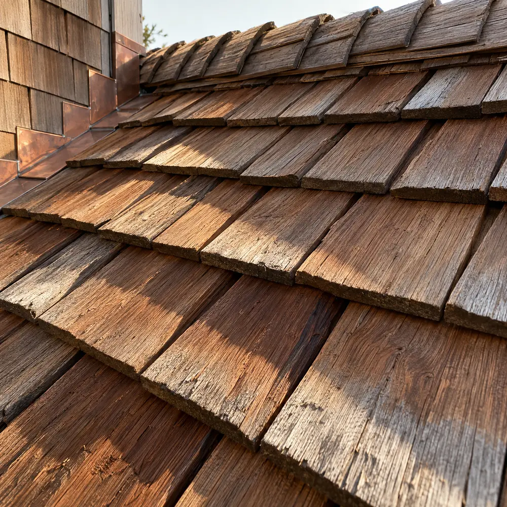 Close-up of weathered cedar shakes at a roof ridge