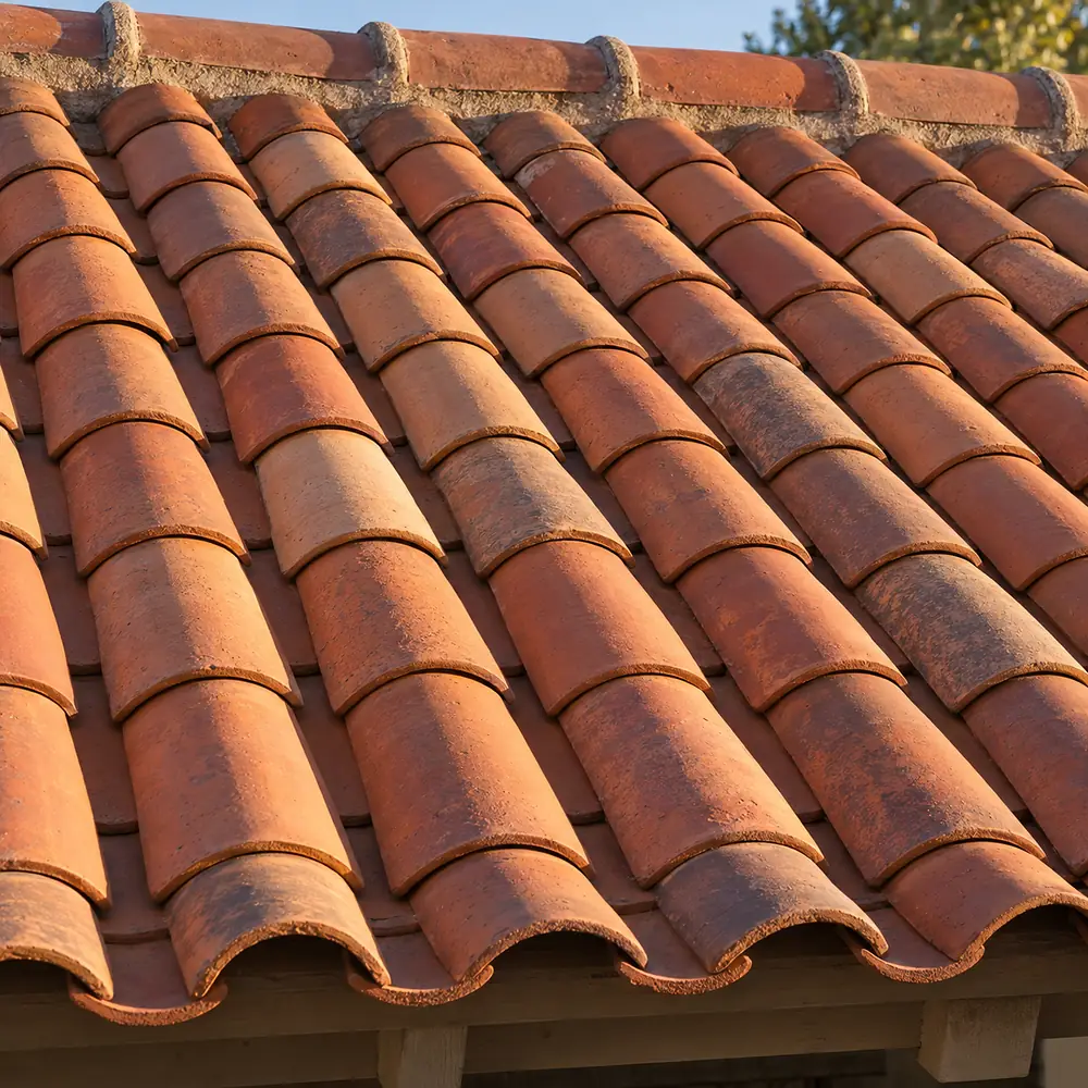 Terracotta barrel clay tiles in overlapping rows along a roof edge