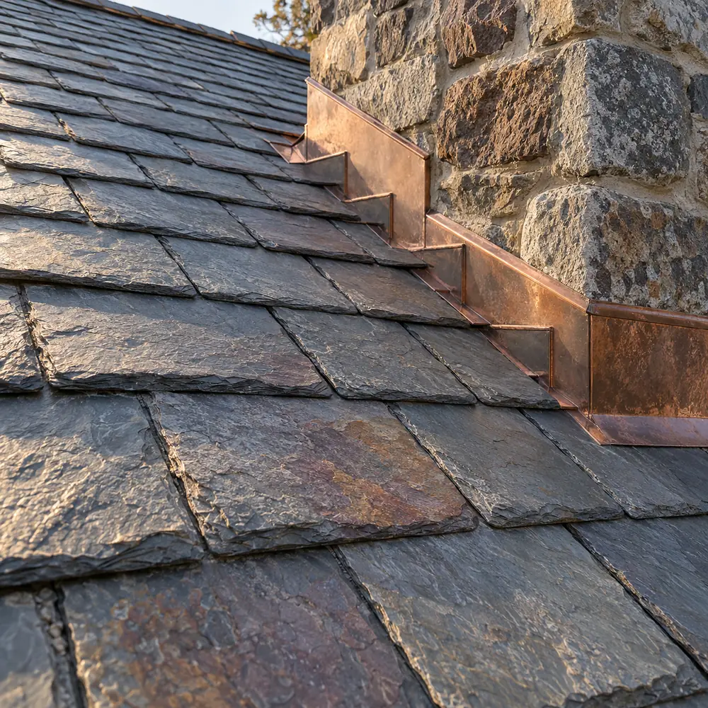 Natural slate courses meeting copper step flashing at a stone chimney