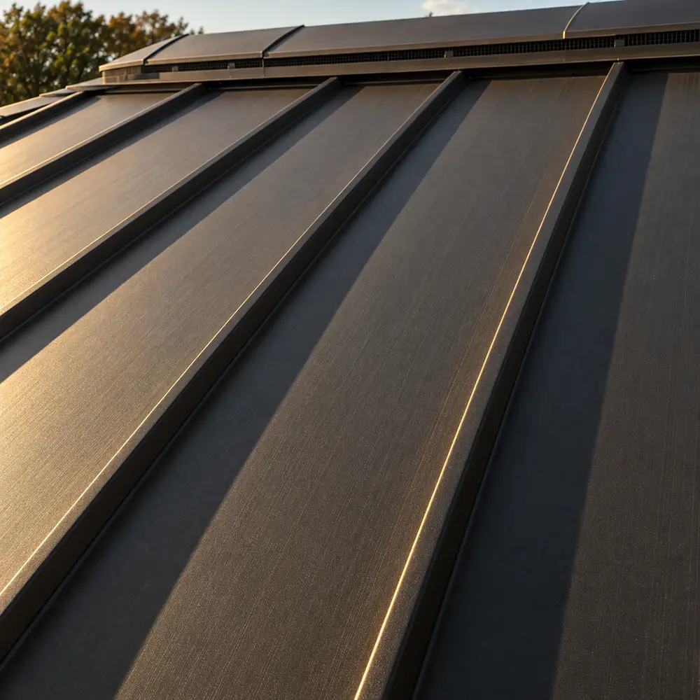 Dark bronze standing seam steel panels with raised seams catching the light