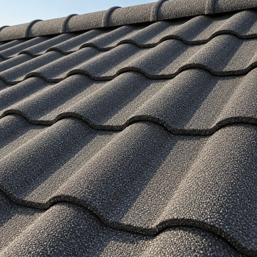 Close-up of grey stone-coated steel tiles with a wave profile and granular finish
