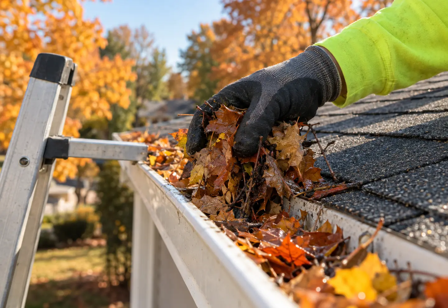 Gloved hand scooping wet autumn leaves out of a gutter beside a ladder