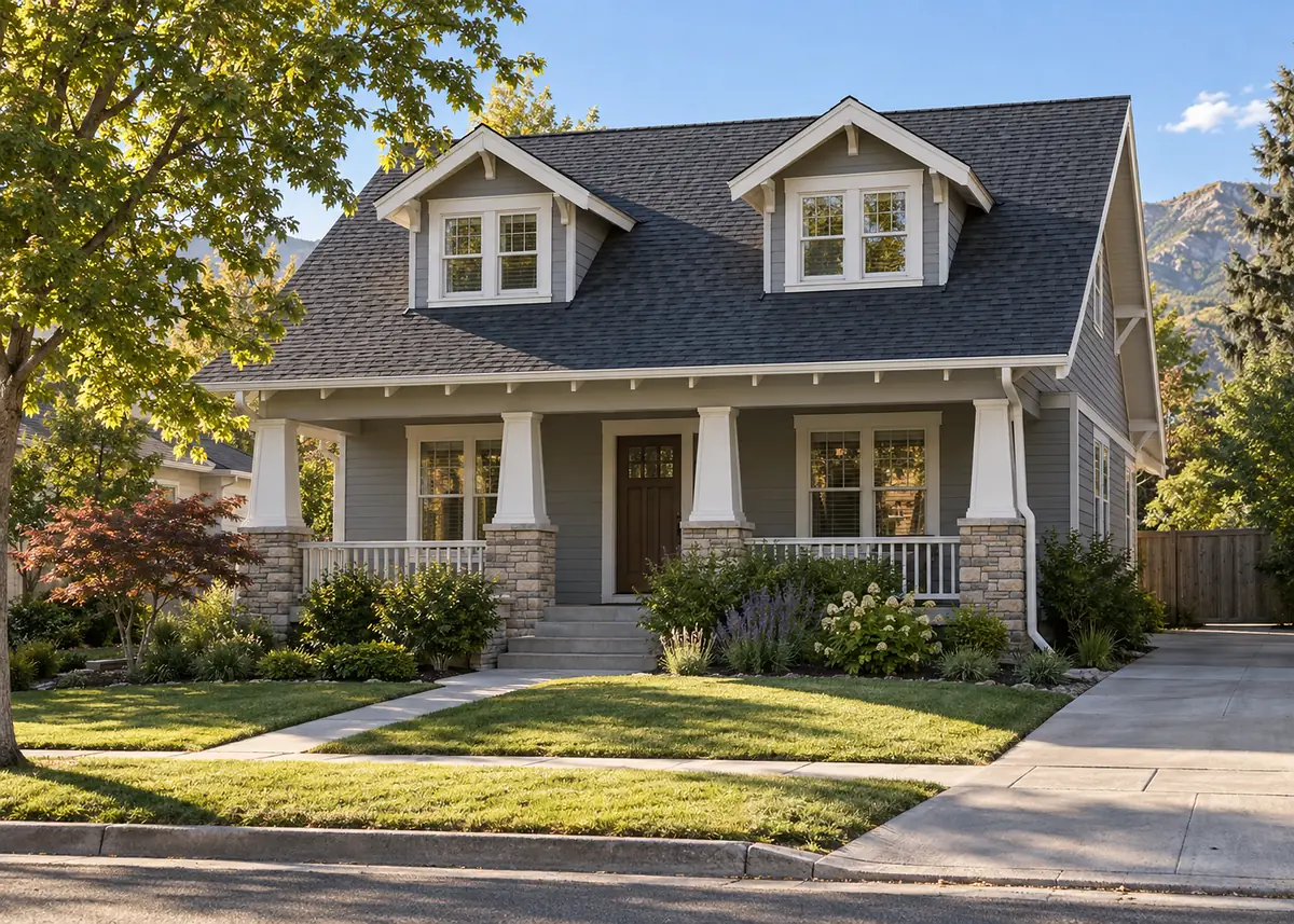 Grey craftsman house in Fenwick with new shingles and seamless gutters