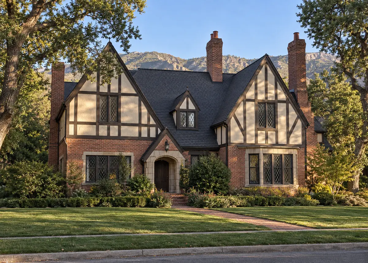 Tudor revival home in Millbrook after a full roof replacement in slate-grey architectural shingle