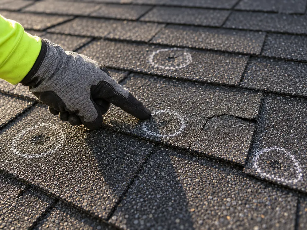 Gloved finger pointing at chalk-circled hail hits on asphalt shingles