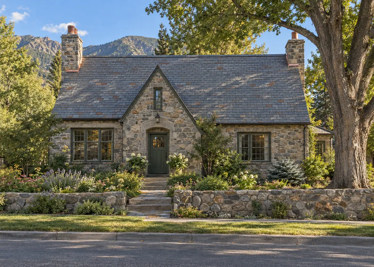 Stone cottage in Ashford Old Town with a restored natural slate roof and chimneys
