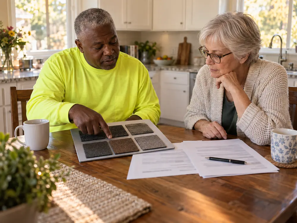 A Halden foreman going through a quote and a shingle sample board with a homeowner at her kitchen table