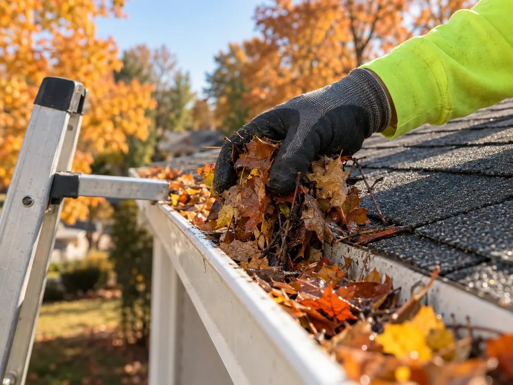 Gutter filled with leaves and debris along a shingle roof edge